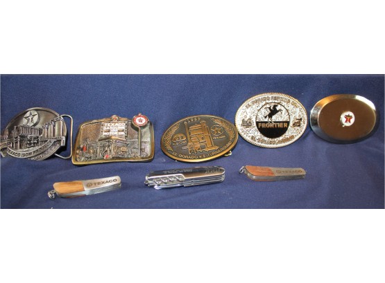 4 Texaco And One Frontier Belt Buckles, 2 Texaco And One Frontier Pocket Knives