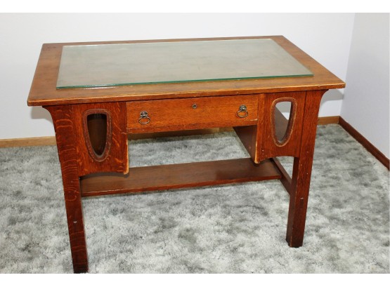 Antique Wood Desk With Glass Protector - Nice Drawer With  Bottom Shelf