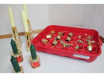 Christmas Lot #3- 20 Bulb Storage Container With Ornaments, 6 Silver Plated Candle Holders With Candles