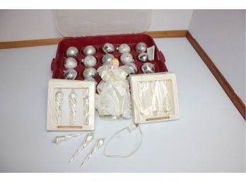 Christmas Lot #2- 20 Bulb Storage Container With Bulbs, 9 Icicle Ornaments, Lighted Angel, Tree Topper