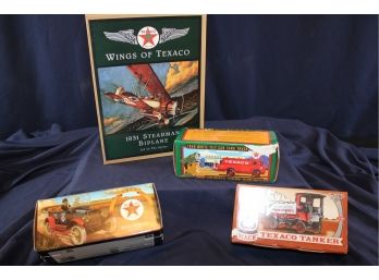 #3 Wings Of Texaco Plane In Unopened Box,#12 Tanker,#14 Maxwell Touring Car Bank - See Description