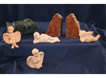 4 Terracotta Ceramic Cherubs, 5 In Tall Stone Bookends, 8 In Silicone Carbide Stone