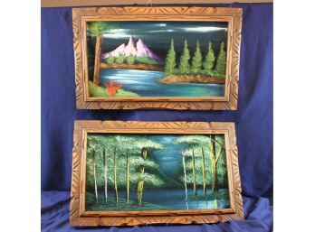 2 Rustic Framed Paintings On Fabric 23 X 14