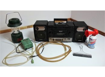 Sony Cassette Tape Player With Removable Speakers, Air Pump - Works- And Small Coleman Battery Lantern