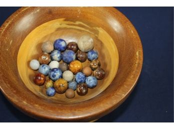 Wooden Handcrafted Bowl 7.25 Deep With Mostly Clay Marbles