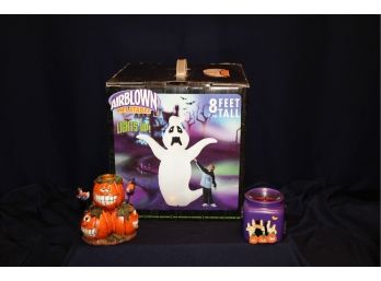 Halloween Lot - 8 Ft Ghost Inflatable In Box - 2 Decorative Candle Holders