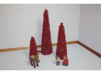 3 Red Jim Marvin Christmas Trees From Walters - 3 Small Wooden Figures