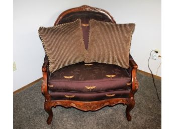 Haverty-  Dragonfly Print- Heavy Ornate Wood Chair With Two Pillows- 32 W 35 D 38 Tall
