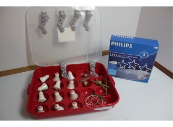 Christmas Lot#4- 20 Bulb Storage Container With Ornaments, Philips LED Rope Light With Hanging Stars