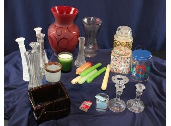Vases And Candle Lot  Plus 2 Tins