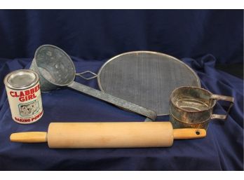 Vintage Kitchen Lot- Antique Sifter, Rolling Pin, AT & SFRY Ladle