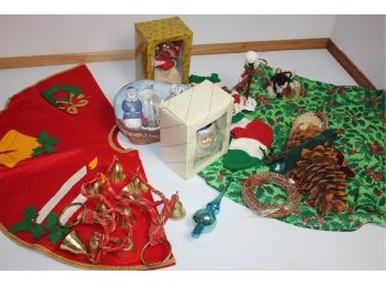 Fun Miscellaneous Christmas Lot- Bells On Rope - Vintage Christmas Skirt, Rnd Tablecloth, Decorative Items