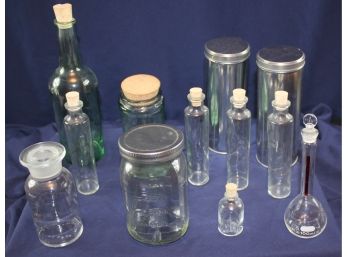 Unusual Jars, Pyrex Volumetric Flask With Stopper, Madero 1626 Wine Bottle, Two Tins