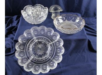4 Pieces Of Glassware, Beautiful Divided Dish 11.5 Deep - Heavy Cut Glass Bowl 8 Inch Deep