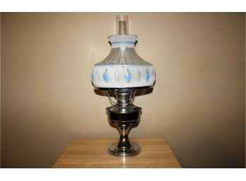 Beautiful Silver Aladdin Kerosene Hurricane Lamp - Blue Floral - 24 In Tall 12 Inch Wide