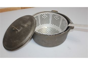 Large Heavy Cast Metal Pan - Has Nice Strainer For Frying With Handle