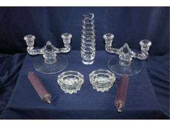 2 Vintage Clear Glass Double Candle Holders, Beautiful 8 In Swirl Vase, 2 Single Glass Candle Holders