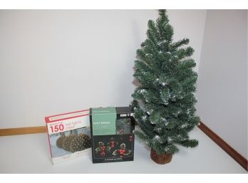 30 Inch PVC Christmas Tree On Pinewood Stand, 150 Net Lights - New - Working - Holly Berry Lights