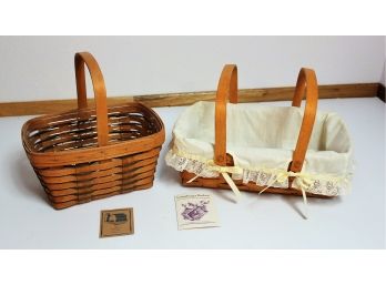 2 Longaberger Baskets - Small Gathering Basket With Plastic Cloth Liner - Smaller One Has Plastic Liner