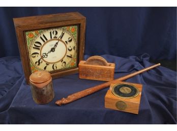 Wooden Misc Lot - 10in Verichron Clock, Coasters, Tree Trunk Container With Lid, Carved Lady On Stick