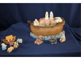 2 Noah's Arks - Heavy Stone Critter Ark And Small Hallmark Set - Has Some Chips