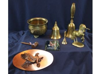 Brass And Eagle Lot - 3 Bells, One-footed Pot, Unicorn, 2 Eagle Plaques, Tall Bell Says Made In India