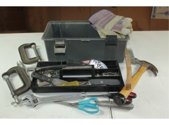 Tool Box Of Miscellaneous Tools - Clamps, Gloves Etc