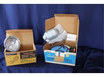 Hollywood Starfire Sealed Beam Spotlight And Cord O Matic Handy Light Reel - Both New In Box