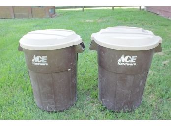 Two Large Ace Hardware Plastic Trash Barrels With Lids