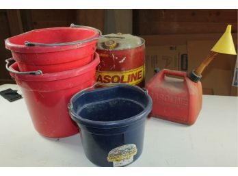 2 Gas Cans, Plastic / Metal - 3 Plastic Buckets, 2 - 20 Quart, 1 - 8 Quart