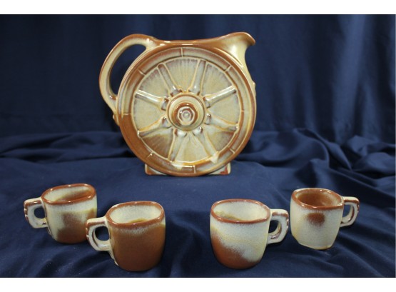 Frankoma Pitcher With Four Small Cups - A Couple Chips On Pitcher Base