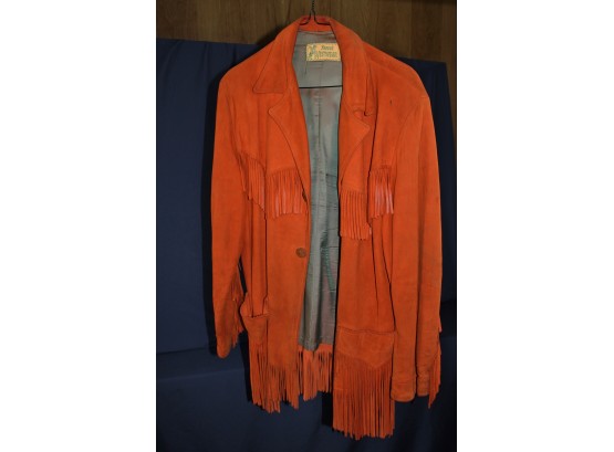 Rust Leather Fringed Jacket - Trego Vest Wear - 33 Inch Long - Hole On Inside Arm Seam - Medium To Large Size
