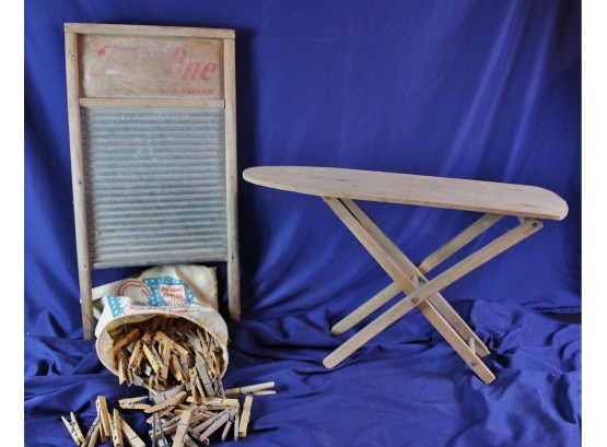 Vintage Metal Washboard, Child's Ironing Board, Vintage Clothespin Bag