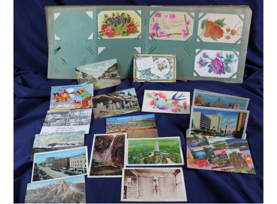 Album Full Of Post Cards- Great Variety Of Antique Cards, Landmarks, El Dorado, Raised Floral , Stamps
