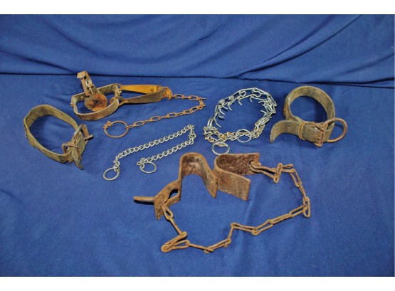 Miscellaneous Lot - Collars, Leather Pouch Holder, Antique Trap