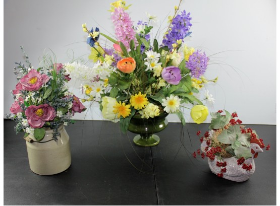 3 Silk Flower Arrangements, Large Spring Arrangement, Chicken And Milk Jug Containers