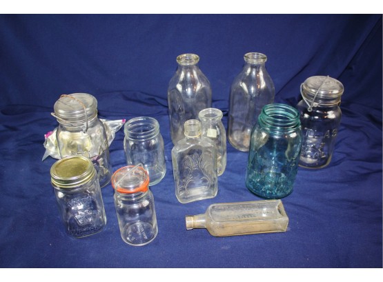Miscellaneous Bottles And Jars - Milk Jugs, Liquor 1/2 Pint Bottle, Blue Atlas, Knox, Etc