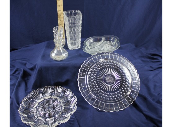 6 Piece Glassware, Cake Plate, Egg Dish, Relish, Two Vases, Small Cruet With Stopper