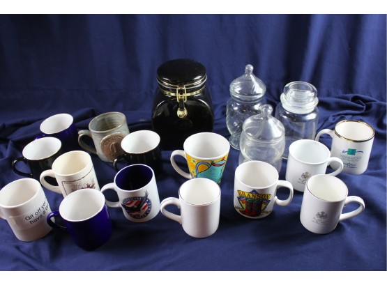 Lots Of Coffee Cups, Black Canister, Three Glass Jars