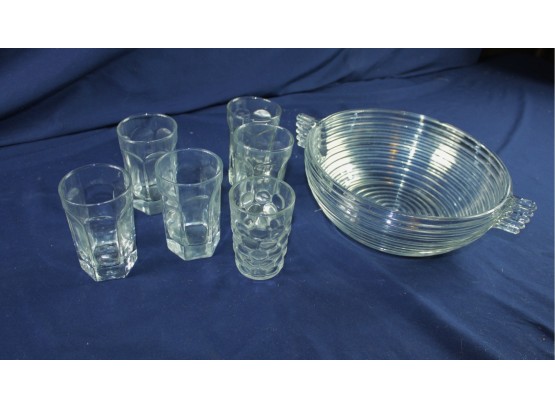 6 Juice Glasses And Beautiful Glass Bowl
