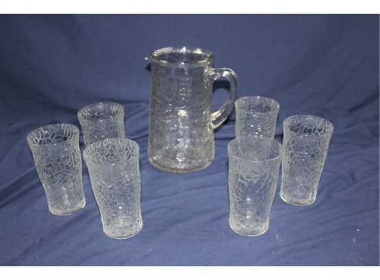 Pitcher With 6 Glasses - Crystal Clear Crackle Pattern