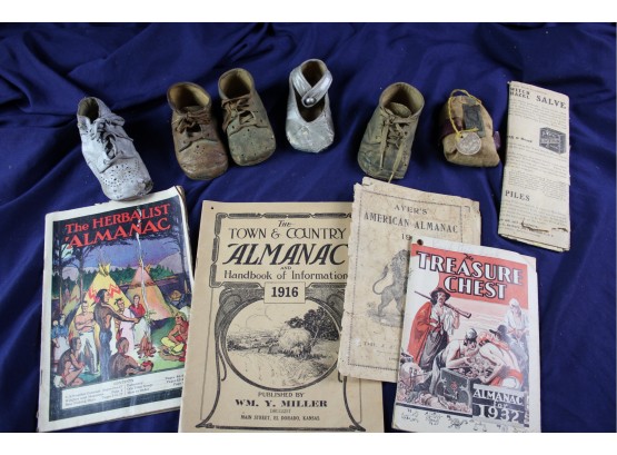 Antique Lot - Baby Shoes, Tobacco Pouch, And Almanacs