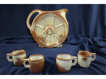 Frankoma Pitcher With Four Small Cups - A Couple Chips On Pitcher Base