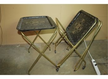 Set Of Four Metal Vintage TV Trays On Stands With Rollers