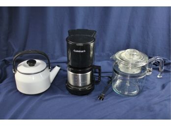 Cuisinart 4 Cup Coffee Pot, White Enamel Teapot, Pyrex 9 Cup Glass Coffee Pot