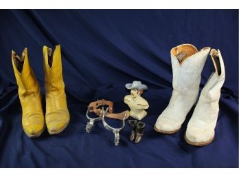 Two Pairs Vintage Women's Boots, Cowboy By Cook, 2  Renald Spurs, Brass Boot