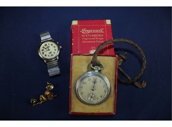 Men's Lot, Pair Of Cufflinks, Gitand Wrist Watch, Ingersoll Waterbury Pocket Watch With Leather Strap