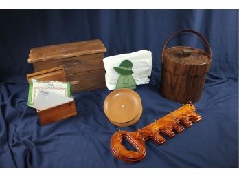 Misc Lot - Large Plastic Recipe Box, Small Napkin Holder, Wooden Recipe Box, Ice Bucket, Nice Key Holder