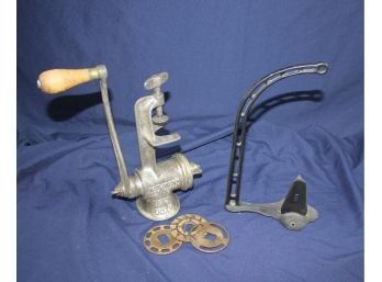 Antique Wyco No 22 Meat Grinder With A Few Attachments Plus Antique Cast Iron Industrial Spool Holder