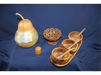 Wooden Lot - Handmade Walnut Bowl, Painted Gourd, Small Possibly Perfume Holder,